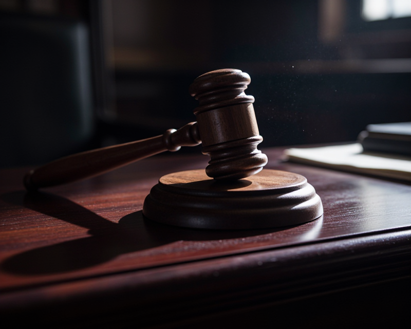 Cinematic Gavel in Dark Courtroom